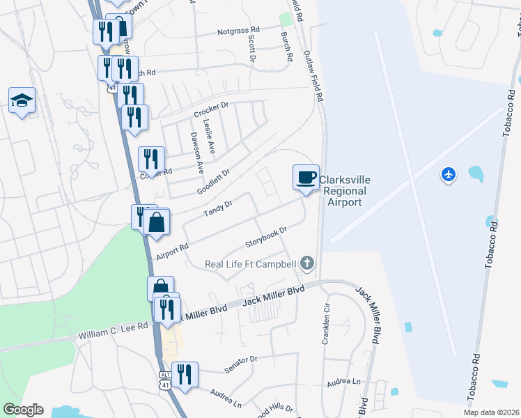 map of restaurants, bars, coffee shops, grocery stores, and more near 151 Airport Road in Clarksville