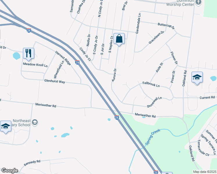 map of restaurants, bars, coffee shops, grocery stores, and more near 3576 Aurora Drive in Clarksville