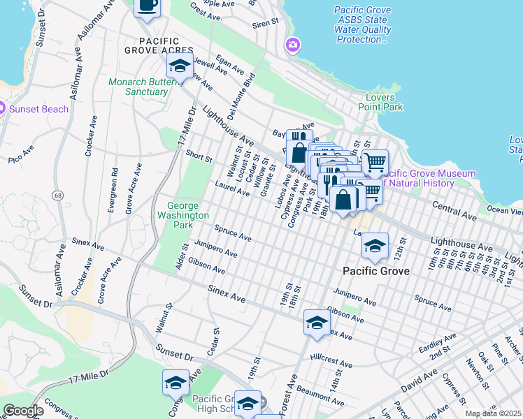 map of restaurants, bars, coffee shops, grocery stores, and more near 305 Wood Street in Pacific Grove