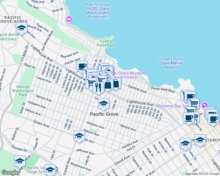 map of restaurants, bars, coffee shops, grocery stores, and more near 155 15th Street in Pacific Grove