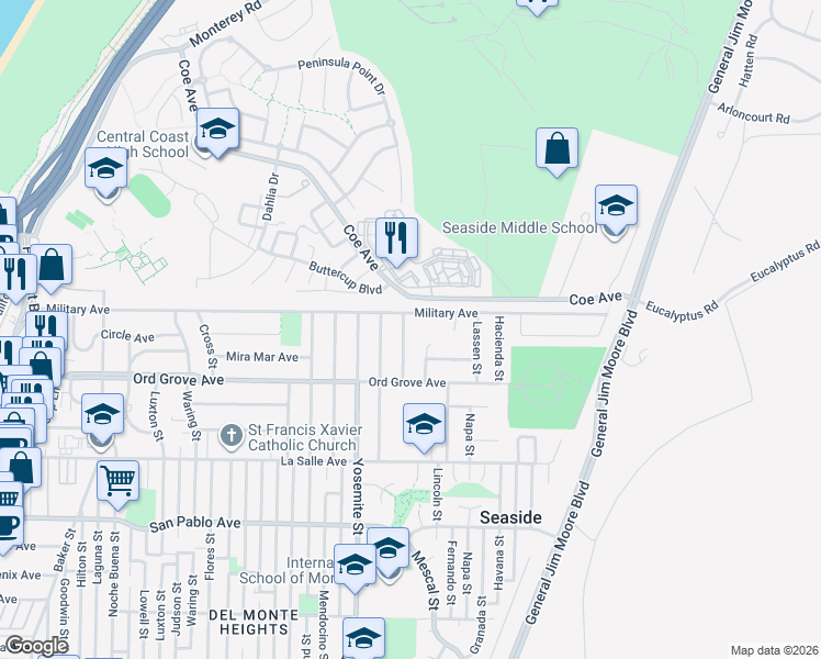 map of restaurants, bars, coffee shops, grocery stores, and more near 2080 Buchanan Street in Seaside