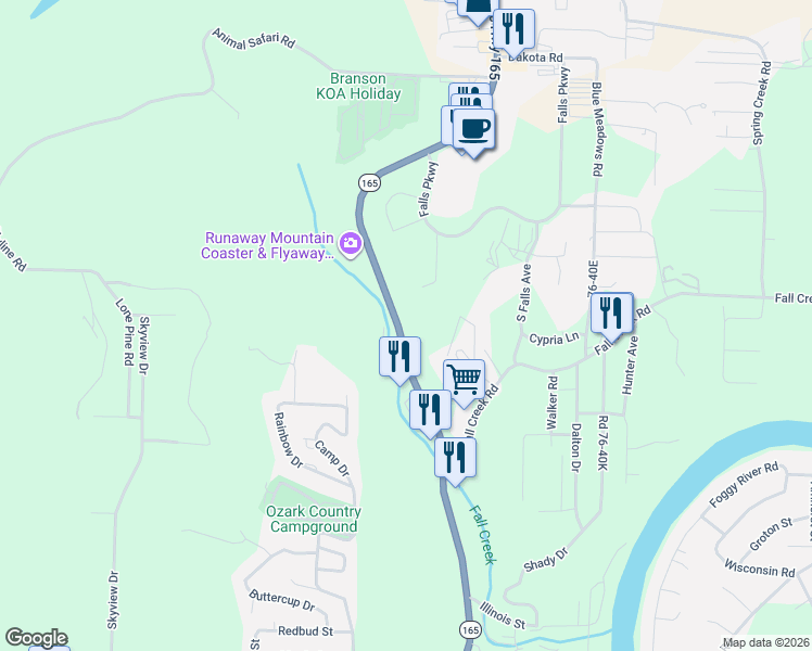 map of restaurants, bars, coffee shops, grocery stores, and more near 935 Missouri 165 in Branson