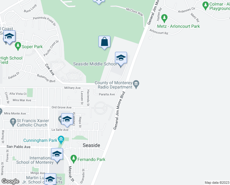 map of restaurants, bars, coffee shops, grocery stores, and more near 2075 Paralta Avenue in Seaside