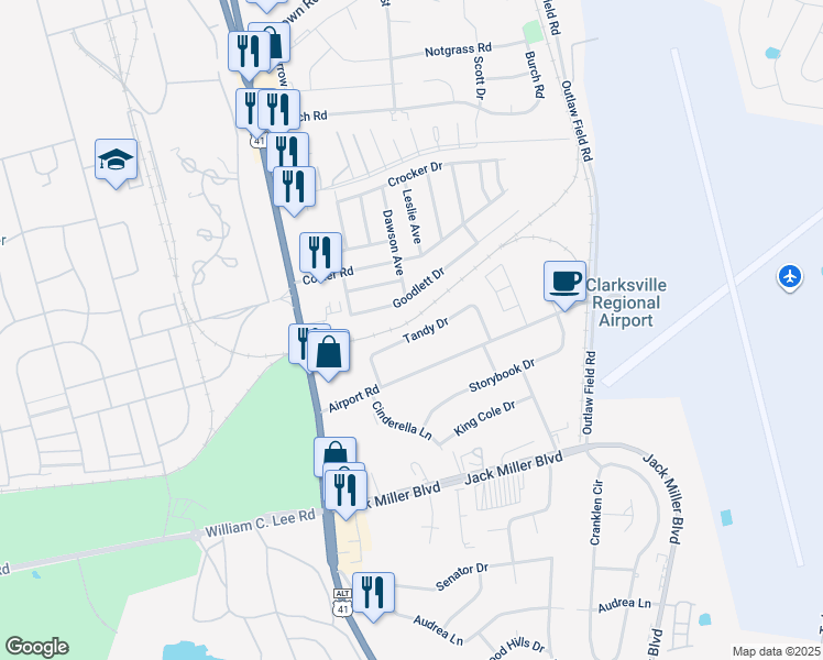 map of restaurants, bars, coffee shops, grocery stores, and more near 111 Tandy Drive in Clarksville