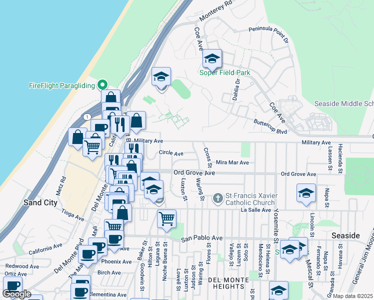map of restaurants, bars, coffee shops, grocery stores, and more near 1373 Circle Avenue in Seaside