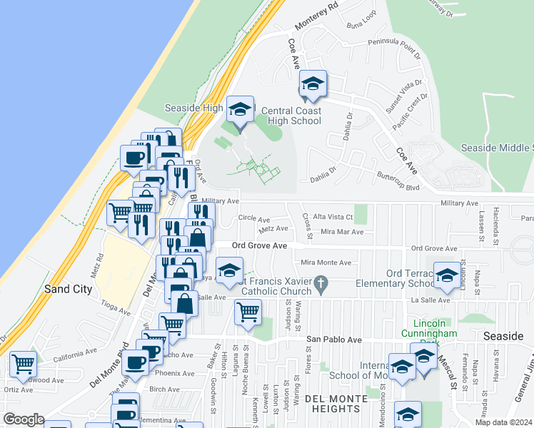 map of restaurants, bars, coffee shops, grocery stores, and more near 1373 Circle Avenue in Seaside