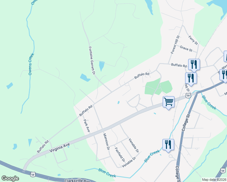 map of restaurants, bars, coffee shops, grocery stores, and more near Buffalo Road in Clarksville