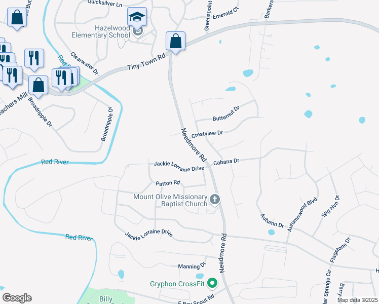map of restaurants, bars, coffee shops, grocery stores, and more near 1858 Needmore Road in Clarksville