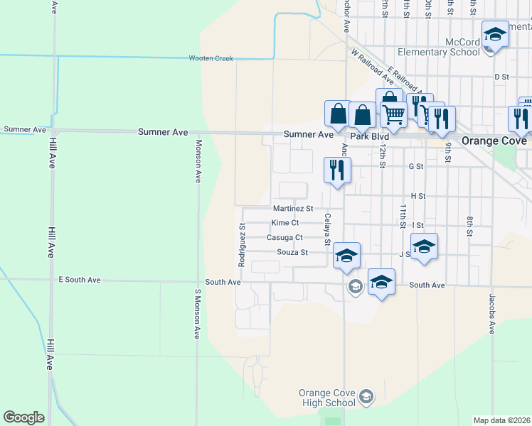 map of restaurants, bars, coffee shops, grocery stores, and more near 1637 Martinez Street in Orange Cove