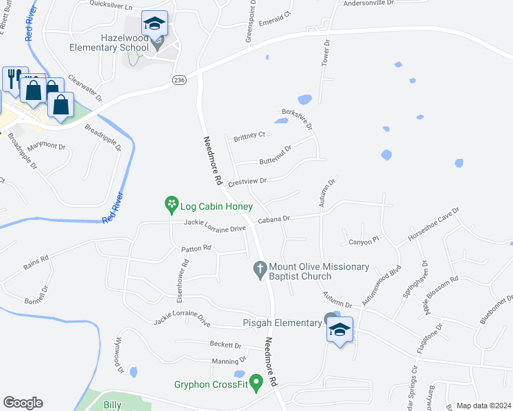 map of restaurants, bars, coffee shops, grocery stores, and more near 1878 Crestmont Court in Clarksville