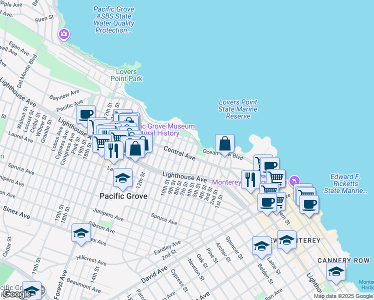 map of restaurants, bars, coffee shops, grocery stores, and more near 117 9th Street in Pacific Grove