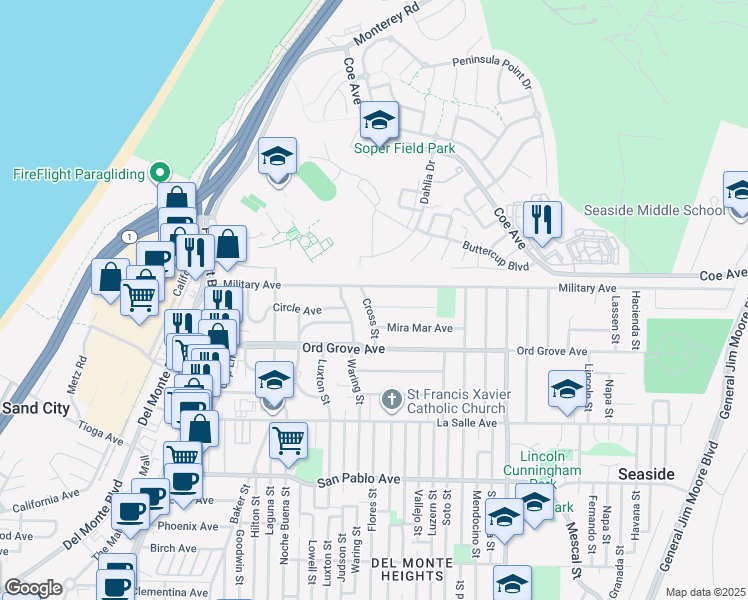 map of restaurants, bars, coffee shops, grocery stores, and more near 2085 Cross Street in Seaside
