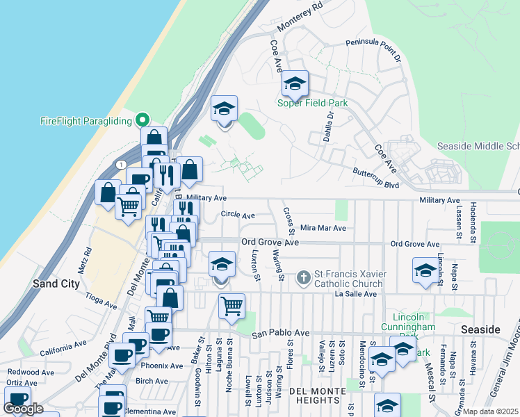 map of restaurants, bars, coffee shops, grocery stores, and more near 1373 Circle Avenue in Seaside