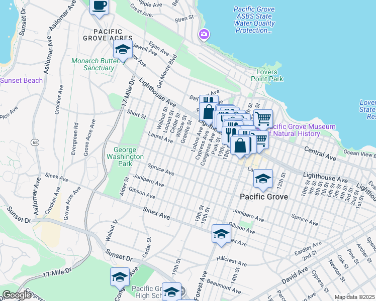 map of restaurants, bars, coffee shops, grocery stores, and more near 305 Wood Street in Pacific Grove