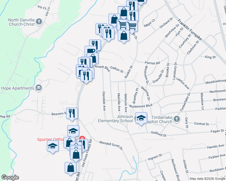 map of restaurants, bars, coffee shops, grocery stores, and more near 826 Arnett Boulevard in Danville