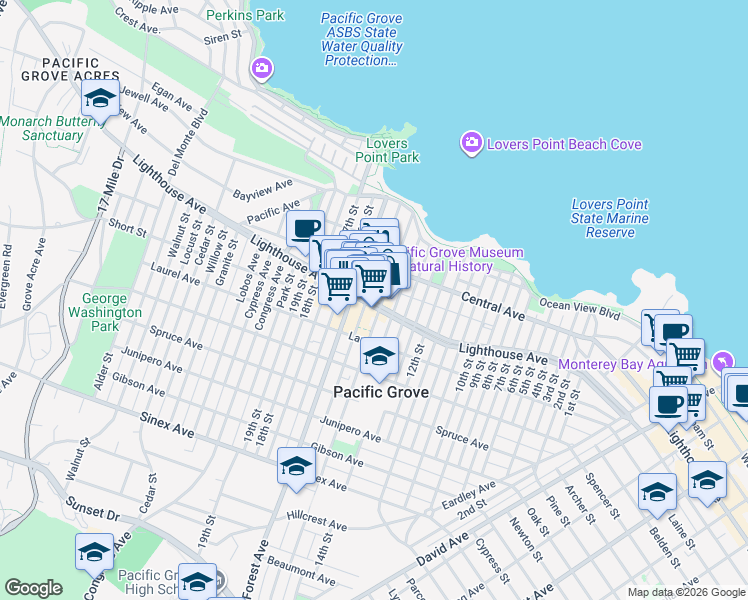 map of restaurants, bars, coffee shops, grocery stores, and more near 542 Lighthouse Avenue in Pacific Grove