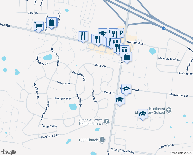 map of restaurants, bars, coffee shops, grocery stores, and more near 3758 Misty Way in Clarksville