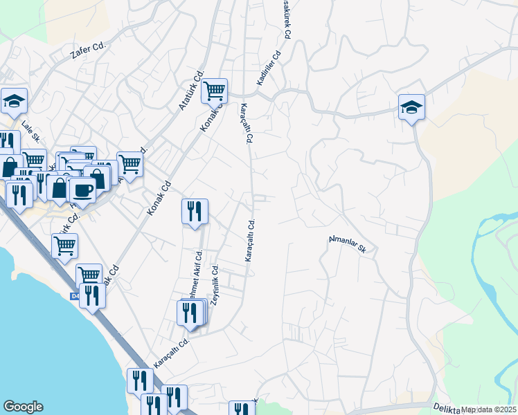 map of restaurants, bars, coffee shops, grocery stores, and more near 94 Karaçaltı Caddesi in Alanya