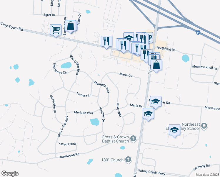 map of restaurants, bars, coffee shops, grocery stores, and more near 1302 Meredith Way in Clarksville