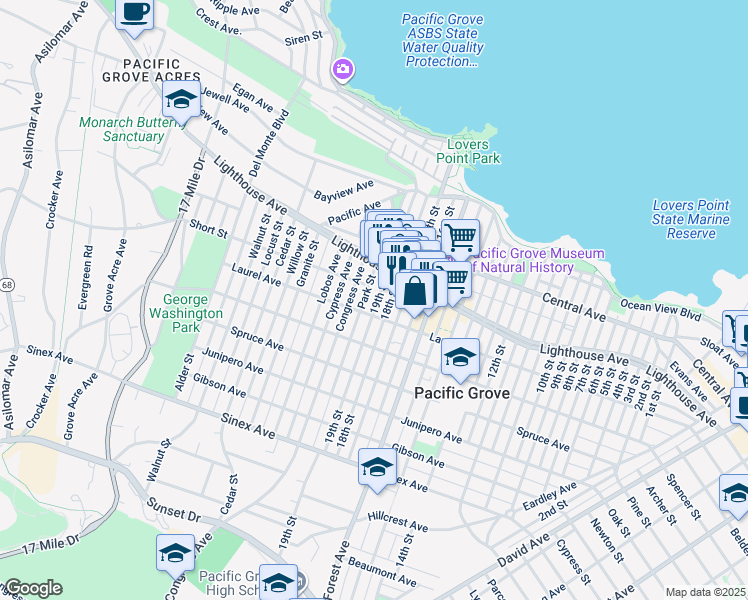 map of restaurants, bars, coffee shops, grocery stores, and more near 226 19th Street in Pacific Grove