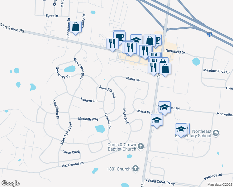 map of restaurants, bars, coffee shops, grocery stores, and more near 1302 Meredith Way in Clarksville