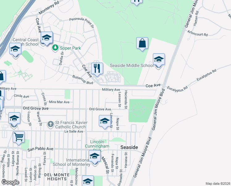 map of restaurants, bars, coffee shops, grocery stores, and more near 2080 Rainier Court in Seaside