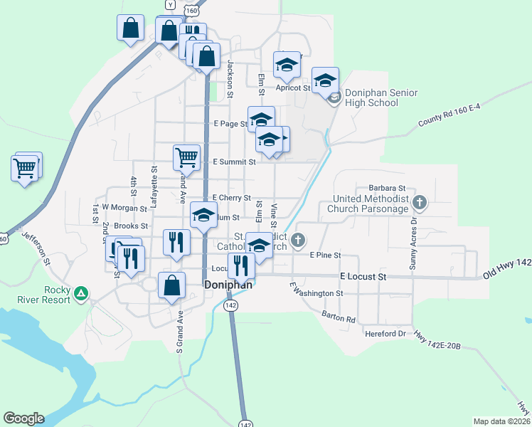 map of restaurants, bars, coffee shops, grocery stores, and more near 505 Elm Street in Doniphan