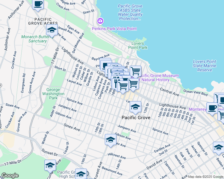 map of restaurants, bars, coffee shops, grocery stores, and more near 223 19th Street in Pacific Grove