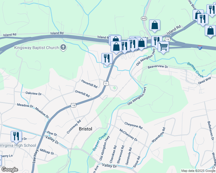 map of restaurants, bars, coffee shops, grocery stores, and more near 1875 Lee Highway in Bristol
