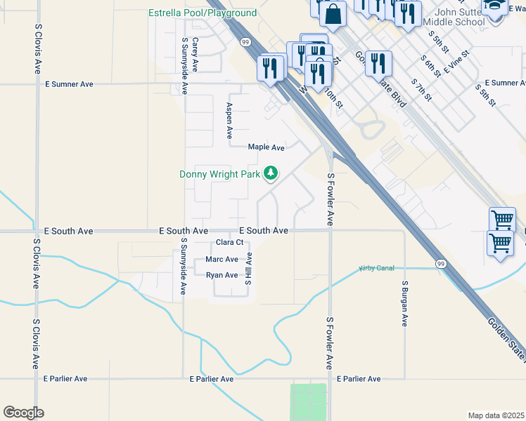 map of restaurants, bars, coffee shops, grocery stores, and more near 618 Stanford Avenue in Fowler