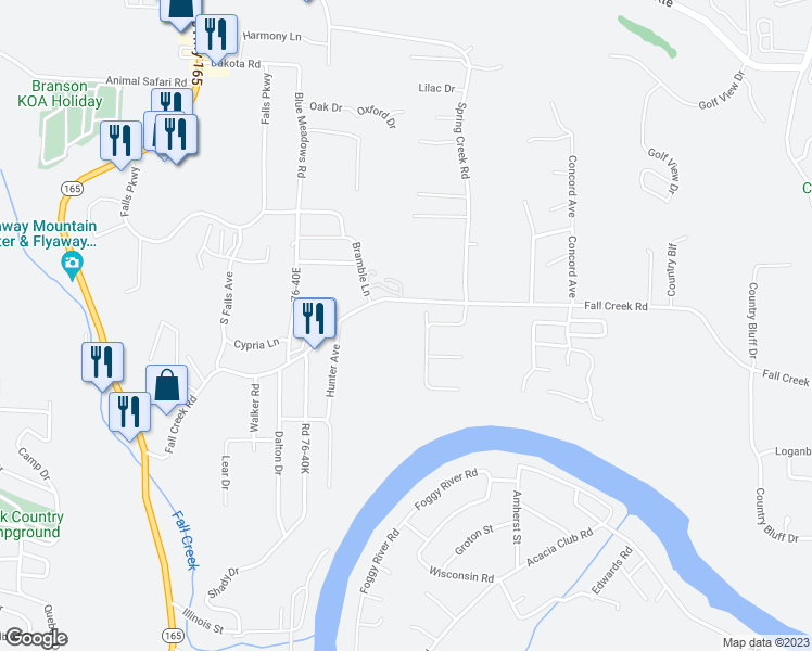 map of restaurants, bars, coffee shops, grocery stores, and more near 4441 Fall Creek Road in Branson