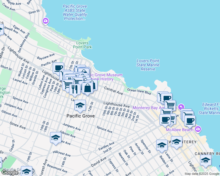 map of restaurants, bars, coffee shops, grocery stores, and more near 388 Central Avenue in Pacific Grove