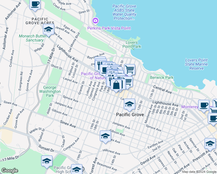 map of restaurants, bars, coffee shops, grocery stores, and more near 223 19th Street in Pacific Grove