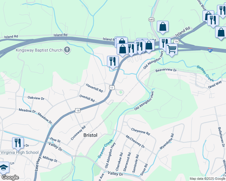 map of restaurants, bars, coffee shops, grocery stores, and more near 1875 Lee Highway in Bristol