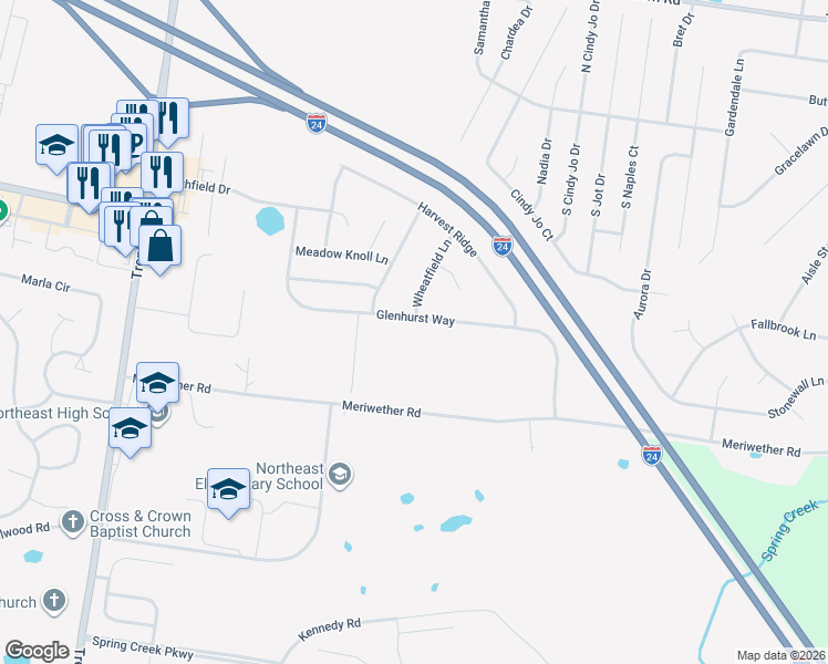 map of restaurants, bars, coffee shops, grocery stores, and more near 970 Glenhurst Way in Clarksville