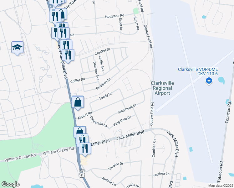 map of restaurants, bars, coffee shops, grocery stores, and more near 121A Tandy Drive in Clarksville