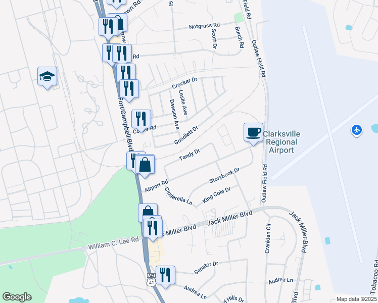map of restaurants, bars, coffee shops, grocery stores, and more near 115 Tandy Drive in Clarksville