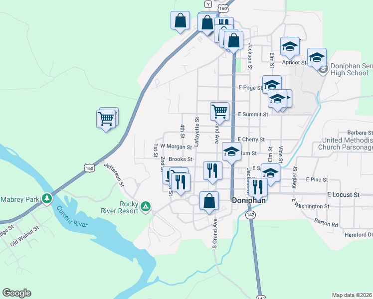 map of restaurants, bars, coffee shops, grocery stores, and more near 103 Brooks Street in Doniphan