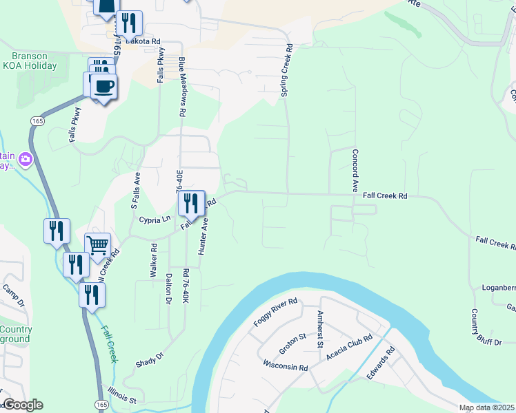 map of restaurants, bars, coffee shops, grocery stores, and more near 4441 Fall Creek Road in Branson