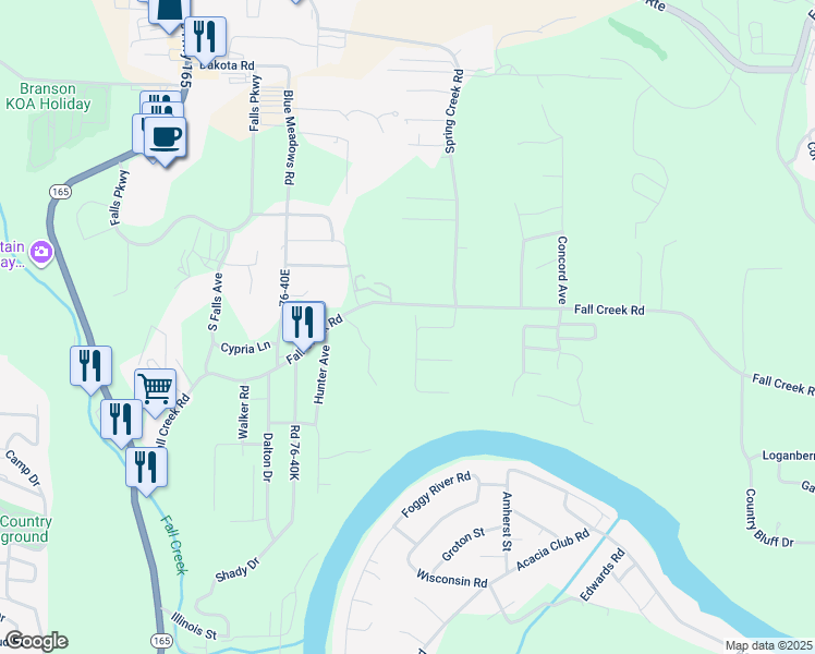 map of restaurants, bars, coffee shops, grocery stores, and more near 234 River Bluff Drive in Branson
