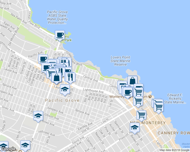 map of restaurants, bars, coffee shops, grocery stores, and more near 117 9th Street in Pacific Grove