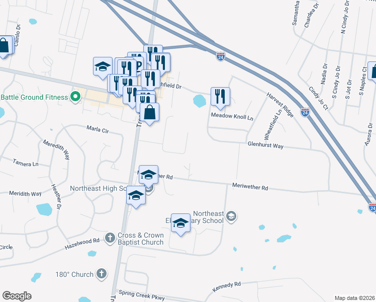 map of restaurants, bars, coffee shops, grocery stores, and more near 964 Culverson Court in Clarksville