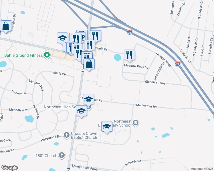 map of restaurants, bars, coffee shops, grocery stores, and more near 983 Culverson Court in Clarksville