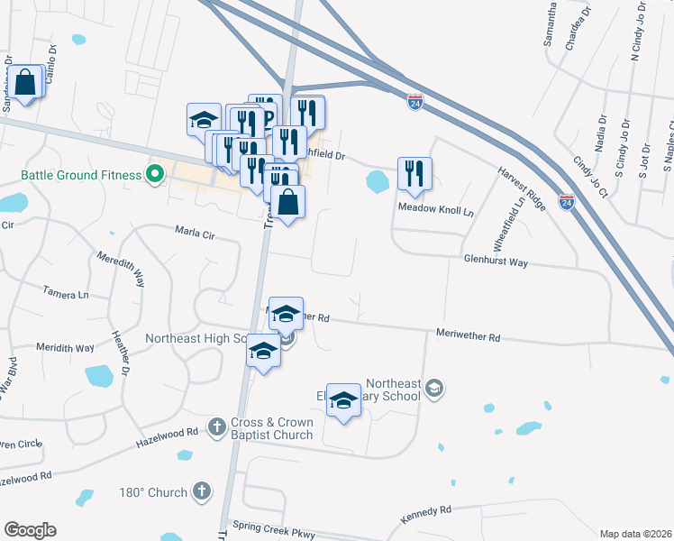 map of restaurants, bars, coffee shops, grocery stores, and more near 983 Culverson Court in Clarksville