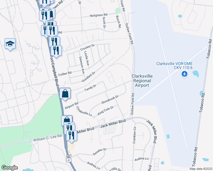 map of restaurants, bars, coffee shops, grocery stores, and more near 147a Tandy Drive in Clarksville
