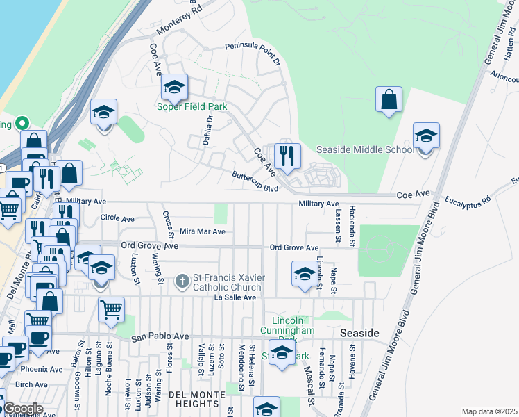 map of restaurants, bars, coffee shops, grocery stores, and more near 2095 Yosemite Street in Seaside