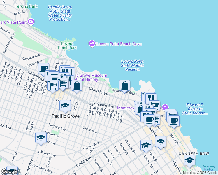 map of restaurants, bars, coffee shops, grocery stores, and more near 301 Ocean View Boulevard in Pacific Grove