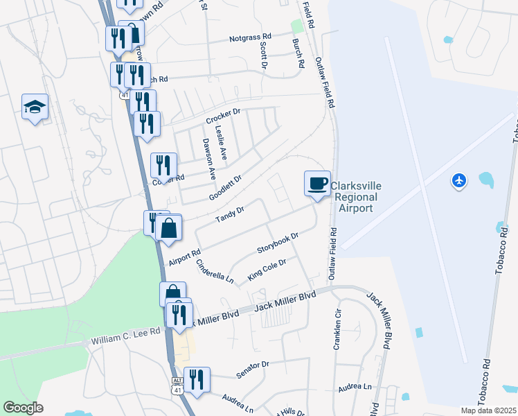 map of restaurants, bars, coffee shops, grocery stores, and more near 124 Tandy Drive in Clarksville