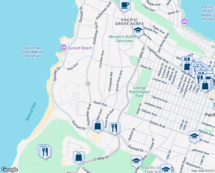 map of restaurants, bars, coffee shops, grocery stores, and more near 510 Evergreen Road in Pacific Grove