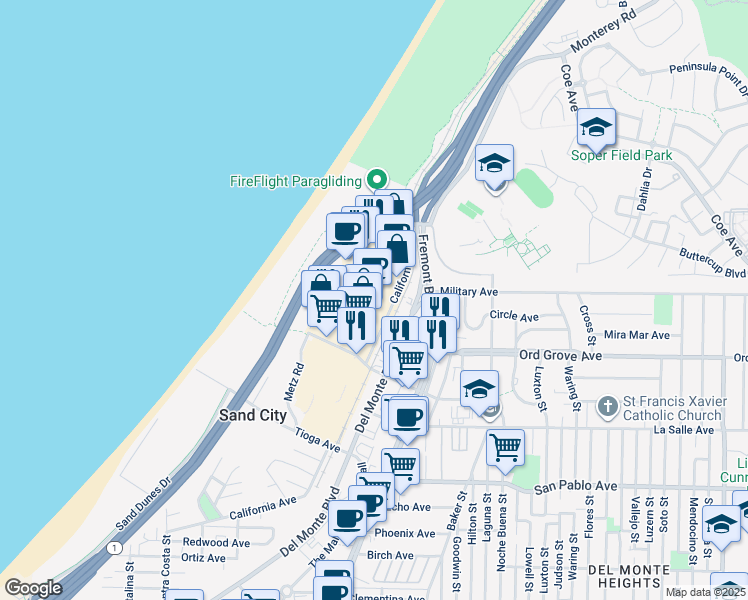 map of restaurants, bars, coffee shops, grocery stores, and more near 2040 California Avenue in Sand City